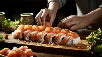 ai generiert Nahansicht auf hölzern Sushi Tafel mit rot Fisch und Thunfisch, männlich Hände Fertigstellung Gericht, selektiv Fokus foto