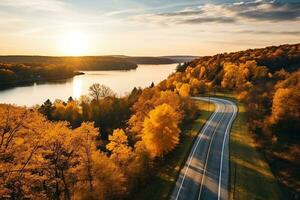 ai generiert Antenne Aussicht von Berg Straße im Wald beim Sonnenuntergang im Herbst. oben Aussicht von Drohne von Straße im Wald. schön Landschaft mit Fahrbahn im Hügel, Kiefer Bäume, Grün Wiesen foto