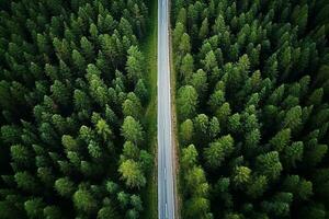 ai generiert Antenne Aussicht von ein Straße im das Mitte von das Wald foto