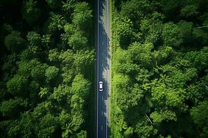 ai generiert Antenne Aussicht von ein Straße im das Mitte von das Wald foto