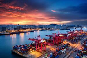 ai generiert Antenne oben Aussicht von Container Schiff Wird geladen und Entladung, Ladung Container im tief Seehafen zum das International bestellen Konzept. foto