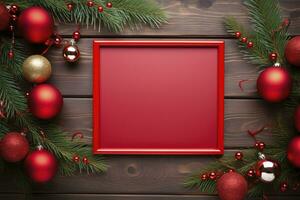 ai generiert Tanne Baum Geäst mit rot Weihnachten Bälle Rahmen foto