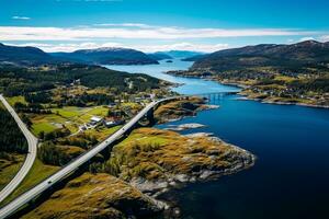 ai generiert Antenne Aussicht Brücke Straße über Meer verbinden Inseln oben Nieder Landschaft Transport Infrastruktur berühmt Sehenswürdigkeiten foto