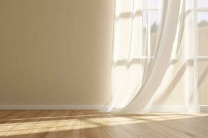ai generiert realistisch 3d machen von schön Sonnenlicht und Fenster Rahmen Schatten auf Beige leer Wand, Weiß schier Vorhänge weht im das Wind im ein leeren Zimmer. glänzend Neu hölzern Parkett Boden. foto