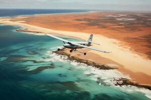 ai generiert ein Wasserflugzeug nehmen aus auf Blau Ozean Strand mit Blau Wasser foto