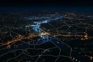 ai generiert beleuchtet Hafen Stadt, Dorf beim Nacht. Antenne Aussicht auf Fluss dunkel Himmel. lebendig Nacht Leben. foto