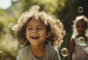 ai generiert multiethnisch Gruppe von lächelnd Kinder genießen ein sonnig Tag beim ein Seife Blase Show foto