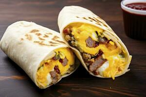 ai generiert Frühstück Burrito mit Wurst, Eier, hashbraun und Käse. ai generiert foto