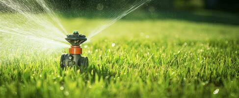 ai generiert automatisch Garten Rasen Sprinkler im Aktion Bewässerung Gras. ai generiert foto