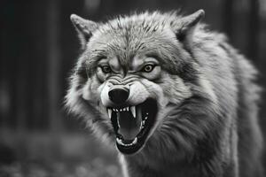 ai generiert Graustufen Nahansicht Schuss von ein wütend Wolf mit ein verschwommen Hintergrund. ai generiert foto