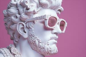 ai generiert das Kopf von ein Weiß mythologisch Statue mit modisch Rosa Brille auf seine Augen, Rahmen im Profil. ai generativ foto