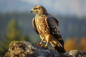 ai generiert Falke Sitzung auf Felsen suchen zum Beute. ai generiert foto