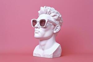 ai generiert das Kopf von ein Weiß mythologisch Statue mit modisch Rosa Brille auf seine Augen, Rahmen im Profil. ai generativ foto