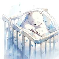 ai generiert ein schläfrig Baby Weiß Bär im Bettwäsche. Aquarell Illustrationen. ai generiert foto