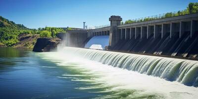 ai generiert Wasserkraft Damm Erstellen Grün Energie von fließend Wasser. ai generiert. foto