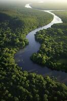 ai generiert Antenne Aussicht von das Amazonas Urwald Landschaft mit Fluss biegen. generativ ai foto