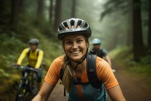 ai generiert Porträt von glücklich Frau Radfahren im das Wald generativ ai foto