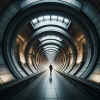 ai generiert Mann Spaziergänge gegenüber das Licht Innerhalb ein runden futuristisch Tunnel im das gestalten von ein Ring foto