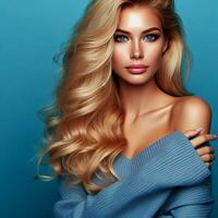 ai generiert Porträt von ein schön blond Frau auf ein Blau Hintergrund foto