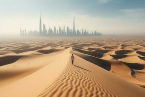 ai generiert Arabisch Mann mit traditionell Emirate Kleider Gehen im das Wüste und Dubai Horizont im das Hintergrund foto
