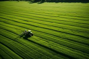 ai generiert nehmen Pflege von das Ernte. Antenne Aussicht von ein Traktor düngen ein kultiviert landwirtschaftlich Feld. foto