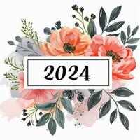 glücklich Neu Jahr 2024 mit Blumen- Elemente. Hand gezeichnet Illustration. foto