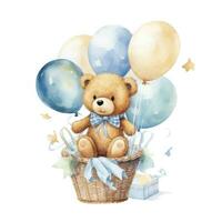 ai generiert ein Aquarell Baby Teddy Bär ist Sitzung im das Korb mit Blau und Gold Luftballons. ai generiert foto