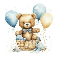 ai generiert ein Aquarell Baby Teddy Bär ist Sitzung im das Korb mit Blau und Gold Luftballons. ai generiert foto