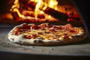 ai generiert frisch gebacken Pizza Nahaufnahme, traditionell Holz gefeuert Ofen Hintergrund. ai generiert foto