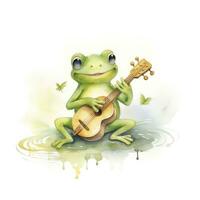 ai generiert Aquarell Grün Frosch spielen ein winzig Musical Instrument auf Weiß Hintergrund. ai generiert foto