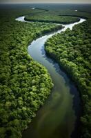 ai generiert Antenne Aussicht von das Amazonas Urwald Landschaft mit Fluss biegen. generativ ai foto