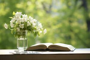 ai generiert Jasmin Blumen im ein Vase und öffnen Buch auf das Tisch, Grün natürlich Hintergrund. ai generiert foto