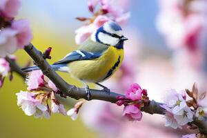 ai generiert ein Blaumeise Vogel ruhen auf das Ast von ein Baum. ai generiert. foto