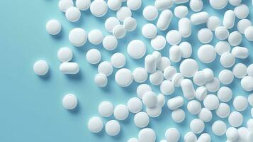 ai generiert oben Aussicht Weiß Medizin Tablets Antibiotikum Tabletten auf ein Sanft Blau Hintergrund, Kopieren Raum, Apotheke Thema, ai generativ foto