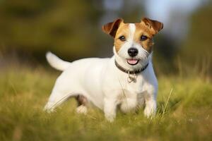 ai generiert glücklich Jack Russell Terrier Haustier Hund warten, Hören im das Gras. ai generiert foto