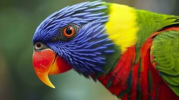 ai generiert Seite Aussicht Nahansicht von schön und bunt Lorikeet Grün geschlafen Vogel. generativ ai foto