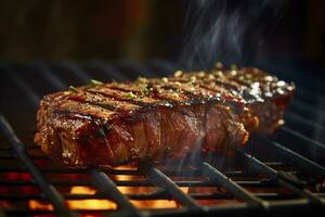 ai generiert Fleisch Grillen auf ein Holzkohle Grill mit Rauch steigend. ai generiert foto