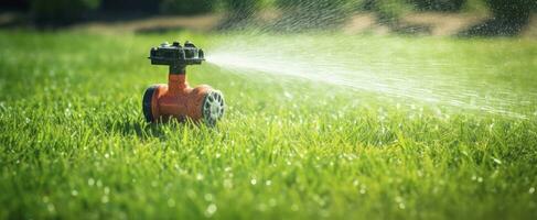 ai generiert automatisch Garten Rasen Sprinkler im Aktion Bewässerung Gras. ai generiert foto