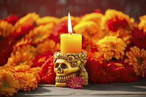 ai generiert Kerzen und Ringelblume Blumen. Tag von das tot Konzept dia de los Muertos. ai generiert foto