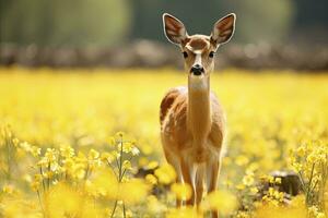 ai generiert weiblich Rogen Hirsch mit schön Blume. ai generiert foto