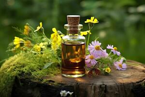 ai generiert Glas Flasche von Kräuter- wesentlich Extrakt, Schmetterling, und Wildblumen auf ein Baum Stumpf. ai generiert foto