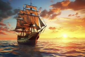 ai generiert Pirat Schiff Segeln auf das Ozean beim Sonnenuntergang. Jahrgang Kreuzfahrt. ai generiert foto