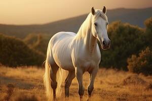 ai generiert Weiß Pferd oder Stute im das Berge beim Sonnenuntergang. ai generiert foto