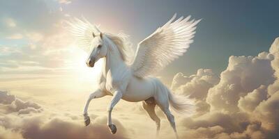 ai generiert ein Weiß Pferd mit Flügel. ai generiert foto