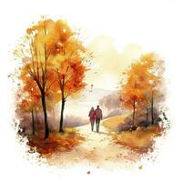 ai generiert Aquarell Herbst Landschaft mit ein Paar gehen. ai generiert foto