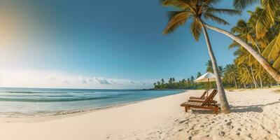 ai generiert Weiß Sand und Kokosnuss Pflanze Reise Tourismus breit Panorama Hintergrund Konzept. generativ ai foto