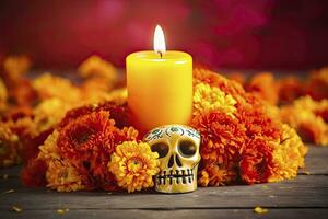 ai generiert Kerzen und Ringelblume Blumen. Tag von das tot Konzept dia de los Muertos. ai generiert foto