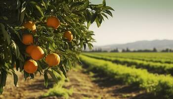 ai generiert ein Orange Baum ist im das Vordergrund mit ein Bauernhof Feld Hintergrund. generativ ai foto