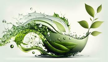 ai generiert Grün Kräuter- Tee Welle Spritzen mit Blätter Fluss. ai generiert foto