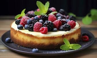 ai generiert Zitrone Käsekuchen mit frisch Beeren. ai generiert foto